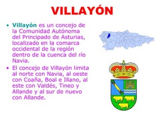 VILLAYÓN
• Villayón es un concejo de
  la Comunidad Autónoma
  del Principado de Asturias,
  localizado en la comarca
  occidental de la región
  dentro de la cuenca del río
  Navia.
• El concejo de Villayón limita
  al norte con Navia, al oeste
  con Coaña, Boal e Illano, al
  este con Valdés, Tineo y
  Allande y al sur de nuevo
  con Allande.
 