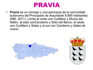 PRAVIA
• Pravia es un concejo y una parroquia de la comunidad
  autónoma del Principado de Asturiasde 8.995 habitantes
  (INE, 2011). Limita al norte con Cudillero y Muros del
  Nalón, al este conCandamo y Soto del Barco, al oeste
  con Cudillero y Salas y al sur con Candamo y Salas de
  nuevo.
 
