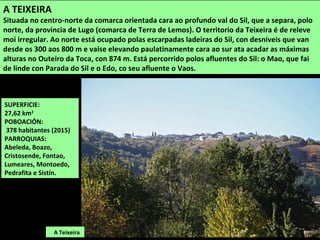 SUPERFICIE:
27,62 km2
POBOACIÓN:
378 habitantes (2015)
PARROQUIAS:
Abeleda, Boazo,
Cristosende, Fontao,
Lumeares, Montoedo,
Pedrafita e Sistín.
A Teixeira
A TEIXEIRA
Situada no centro-norte da comarca orientada cara ao profundo val do Sil, que a separa, polo
norte, da provincia de Lugo (comarca de Terra de Lemos). O territorio da Teixeira é de releve
moi irregular. Ao norte está ocupado polas escarpadas ladeiras do Sil, con desniveis que van
desde os 300 aos 800 m e vaise elevando paulatinamente cara ao sur ata acadar as máximas
alturas no Outeiro da Toca, con 874 m. Está percorrido polos afluentes do Sil: o Mao, que fai
de linde con Parada do Sil e o Edo, co seu afluente o Vaos.
 