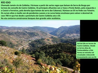 RÍO EDO
Chamado tamén río de Caldelas. Fórmase a partir de varios regos que baixan da Serra do Burgo por
terreos do concello de Castro Caldelas. Os principais afluentes son o Vaos e Ponte Batán, pola esquerda e
o Castoi e Ferreiros, pola dereita (que baixan da serra das Cabanas). Xúntase ao Sil no linde coa Teixeira.
Os cursos altos e medio son de pendentes suaves e no curso baixo encáixase para salvar o desnivel de
case 700 m que hai desde a penichaira de Castro Caldelas ata o Sil.
Na súa contorna consérvanse bosques dun grande valor ecolóxico.
Val do Edo en terreo de
Castro Caldelas. Desde
as terras altas de
Pontecaldelas o Edo
forma un estreito val
encaixado e descende
bruscamente cara ao Sil.
 