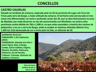 CONCELLOS
SUPERFICIE: 87,61 km2
POBOACIÓN: 1.351 habitantes
(2015)
PARROQUIAS: Abeleda (san Paio e
Santa Tegra), Alais, O Burgo,
Camba, Castro Caldelas, Folgoso,
Mazaira, Paradela, Pedrouzos,
Poboeiros, Sas de Penelas,
Trabazos, Tronceda, Vilamaior de
Caldelas e Vimieiro.
Vista de Castro
Caldelas desde as
beiras do Sil.
CASTRO CALDELAS
Situado no nordeste da comarca, separado polo río Sil da provincia de Lugo e da Terra de
Trives pola serra do Burgo, a maior altitude da comarca. O territorio está estruturado en tres
zonas moi diferenciadas: ao norte o profundo canón dos Sil, que se abre lixeiramente na zona
de Abeleda, por onde discorren as vías de comunicación con Monforte; no centro unha
penichaira cunha altitide de 700 a 1.000 m, na que están asentados a maioría dos núcleos de
poboación; e no sur a serra do Burgo, onde se acadan as máximas altitudes (Monte Cruz,
1.289 m). Está atravesada de sur a norte polo río Edo, un afluente do Sil.
 