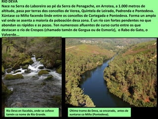 RÍO DEVA
Nace na Serra do Laboreiro ao pé da Serra de Penagache, en Arrotea, a 1.000 metros de
altitude, pasa por terras dos concellos de Verea, Quintela de Leirado, Padrenda e Pontedeva.
Xúntase co Miño facendo línde entre os concellos de Cortegada e Pontedeva. Forma un amplo
val onde se asenta a maioría da poboación desa zona. É un río con fortes pendentes no que
abondan os rápidos e as pozas. Ten numerosos afluentes de curso curto entre os que
destacan o río de Crespos (chamado tamén de Gorgua ou de Esmoriz), o Rabo do Gato, o
Valverde...
Río Deva en Xacebás, onde se coñece
tamén co nome de Río Grande.
Último tramo do Deva, xa encorado, antes de
xuntarse co Miño (Pontedeva).
 