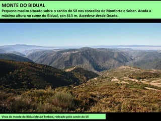 Cumes da serra da Trapa
SERRA DA TRAPA E PENA REDONDA
Serra de perfís Suaves, situada entre O Courel, O Incio, Samos e A Pobra de Brollón, con
orientación NO-SE, separada da serra de Lóuzara polo río do mesmo nome e rodeada polo val
do Lor polo leste e sur, polo Cabe, no oeste e o Antiga no norte. Os materiais dominantes son
xistos e lousas, con importantes filóns de ferro que noutros tempos forn explotados en
numerosas minas que abastecían as ferrerías da comarca, do Incio e do Bierzo.
Os cumes máis destacados son o Legua, con 1.301 m, A Cima das Pías, con 1145 m, o Mioteira,
con 871 m e o Home Grande, con 824 m.
 