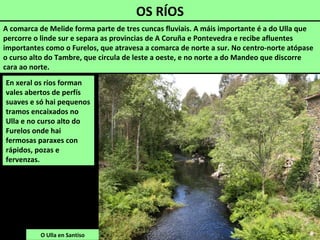 OS RÍOS
O Ulla en Santiso
A comarca de Melide forma parte de tres cuncas fluviais. A máis importante é a do Ulla que
percorre o linde sur e separa as provincias de A Coruña e Pontevedra e recibe afluentes
importantes como o Furelos, que atravesa a comarca de norte a sur. No centro-norte atópase
o curso alto do Tambre, que circula de leste a oeste, e no norte a do Mandeo que discorre
cara ao norte.
En xeral os ríos forman
vales abertos de perfís
suaves e só hai pequenos
tramos encaixados no
Ulla e no curso alto do
Furelos onde hai
fermosas paraxes con
rápidos, pozas e
fervenzas.
 