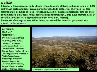 SUPERFICIE:
290,5 km2
POBOACIÓN:
946 habitantes (2015)
PARROQUIAS: Baños,
Candeda, Carracedo,
casdenodres, Castromao,
Castromarigo, Correxido,
Corzos, Curra, Espiño, Edreura,
Lamalonga, Meda, Meixide, A
Ponte, Prada, Prado,
Pradolongo, Requeixo,
Riomao, San Fiz, San
Lourenzo, Santa Cristina,
Seoane, Valdín, A Veiga,
Vilaboa, Vilanova e Xares. O concello da Veiga desde o cume do Covelo.
A VEIGA
O territorio é, na súa maior parte, de alta montaña, cunha altitude media que supera os 1.000
metros. Ao norte, nos lindes con Zamora e Carballeda de Valdeorras, a Serra do Eixe (coa
máxima altura de Galiza en Pena Trevinca, con 2.124 m) e as súas estribacións cara aos altos
do Campanario e a Moeda. Ao sur as serras de San Lourenzo (A Gonza 1.296 metros), Calva (A
Corraliza 1.661 metros) e Segundeira (Alto do Torno 1.942 metros).
Numerosos ríos e regatos que baixan destas serras conflúen no Xares, que atravesan o
concello de leste a oeste.
 