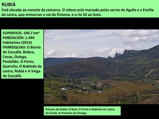 SUPERFICIE: 100,7 km2
POBOACIÓN: 1.494
habitantes (2014)
PARROQUIAS: O Barrio
de Cascallá, Biobra,
Covas, Oulego,
Pardollán, O Porto,
Quereño, O Robledo da
Lastra, Rubiá e A Veiga
de Cascallá.
RUBIÁ
Está situado ao noreste da comarca. O relevo está marcado polas serras da Agulla e a Enciña
da Lastra, que enmarcan o val do Éntoma, e o río Sil ao leste.
Paisaxe de Rubiá: O Real, O Porto e Robledo da Lastra.
Ao fondo os Penedos de Oulego.
 