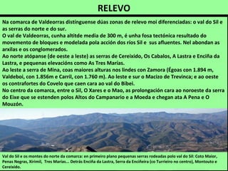RELEVO
Val do Sil e os montes do norte da comarca: en primeiro plano pequenas serras rodeadas polo val do Sil: Coto Maior,
Penas Negras, Xirimil, Tres Marías... Detrás Enciña da Lastra, Serra da Enciñeira (co Turrieiro no centro), Montouto e
Cereixido.
Na comarca de Valdeorras distínguense dúas zonas de relevo moi diferenciadas: o val do Sil e
as serras do norte e do sur.
O val de Valdeorras, cunha altitde media de 300 m, é unha fosa tectónica resultado do
movemento de bloques e modelada pola acción dos ríos Sil e sus afluentes. Nel abondan as
arxilas e os conglomerados.
Ao norte atópanse (de oeste a leste) as serras de Cereixido, Os Cabalos, A Lastra e Enciña da
Lastra, e pequenas elevacións como As Tres Marías.
Ao leste a serra de Mina, coas maiores alturas nos lindes con Zamora (Égoas con 1.894 m,
Valdeboi, con 1.856m e Carril, con 1.760 m). Ao leste e sur o Macizo de Trevinca; e ao oeste
os contrafortes do Covelo que caen cara ao val do Bibei.
No centro da comarca, entre o Sil, O Xares e o Mao, as prolongación cara ao noroeste da serra
do Eixe que se estenden polos Altos do Campanario e a Moeda e chegan ata A Pena e O
Mouzón.
 