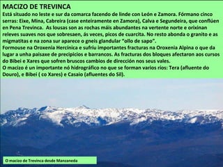 O macizo de Trevinca desde Manzaneda
MACIZO DE TREVINCA
Está situado no leste e sur da comarca facendo de linde con León e Zamora. Fórmano cinco
serras: Eixe, Mina, Cabreira (case enteiramente en Zamora), Calva e Segundeira, que conflúen
en Pena Trevinca. As lousas son as rochas máis abundantes na vertente norte e orixinan
releves suaves nos que sobresaen, ás veces, picos de cuarcita. No resto abonda o granito e as
migmatitas e na zona sur aparece o gneis glandular “ollo de sapo”.
Formouse na Oroxenia Hercínica e sufríu importantes fracturas na Oroxenia Alpina o que da
lugar a unha paisaxe de precipicios e barrancos. As fracturas dos bloques afectaron aos cursos
do Bibei e Xares que sofren bruscos cambios de dirección nos seus vales.
O macizo é un importante nó hidrográfico no que se forman varios ríos: Tera (afluente do
Douro), e Bibei ( co Xares) e Casaio (afluentes do Sil).
 