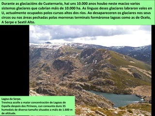 Lagoa da Serpe.
Trevinca acolle a maior concentración de Lagoas de
España despois dos Pirineos, cun conxunto duns 35
humedais de diverso tamaño situados a máis de 1.600 m
de altitude.
Durante as glaciacións do Cuaternario, hai uns 10.000 anos houbo neste macizo varios
sistemas glaciares que cubrían máis de 10.000 ha. As línguas deses glaciares labraron vales en
U, actualmente ocupados polos cursos altos dos ríos. Ao desapareceren os glaciares nos seus
circos ou nas áreas pechadas polas morrenas terminais formáronse lagoas como as de Ocelo,
A Serpe e Sextil Alto.
 