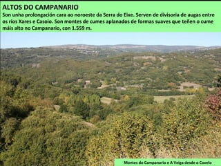 Montes do Campanario e A Veiga desde o Covelo
ALTOS DO CAMPANARIO
Son unha prolongación cara ao noroeste da Serra do Eixe. Serven de divisoria de augas entre
os ríos Xares e Casoio. Son montes de cumes aplanados de formas suaves que teñen o cume
máis alto no Campanario, con 1.559 m.
 