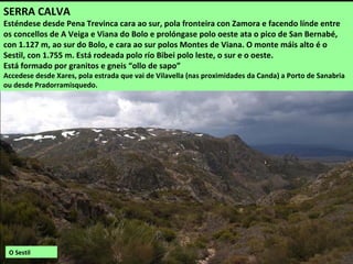 O Sestil
SERRA CALVA
Esténdese desde Pena Trevinca cara ao sur, pola fronteira con Zamora e facendo línde entre
os concellos de A Veiga e Viana do Bolo e prolóngase polo oeste ata o pico de San Bernabé,
con 1.127 m, ao sur do Bolo, e cara ao sur polos Montes de Viana. O monte máis alto é o
Sestil, con 1.755 m. Está rodeada polo río Bibei polo leste, o sur e o oeste.
Está formado por granitos e gneis “ollo de sapo”
Accedese desde Xares, pola estrada que vai de Vilavella (nas proximidades da Canda) a Porto de Sanabria
ou desde Pradorramisquedo.
 