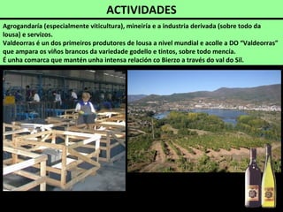ACTIVIDADES
Agrogandaría (especialmente viticultura), mineiría e a industria derivada (sobre todo da
lousa) e servizos.
Valdeorras é un dos primeiros produtores de lousa a nivel mundial e acolle a DO “Valdeorras”
que ampara os viños brancos da variedade godello e tintos, sobre todo mencía.
É unha comarca que mantén unha intensa relación co Bierzo a través do val do Sil.
 