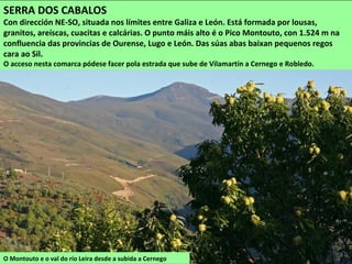 O Montouto e o val do río Leira desde a subida a Cernego
SERRA DOS CABALOS
Con dirección NE-SO, situada nos límites entre Galiza e León. Está formada por lousas,
granitos, areíscas, cuacitas e calcárias. O punto máis alto é o Pico Montouto, con 1.524 m na
confluencia das provincias de Ourense, Lugo e León. Das súas abas baixan pequenos regos
cara ao Sil.
O acceso nesta comarca pódese facer pola estrada que sube de Vilamartín a Cernego e Robledo.
 