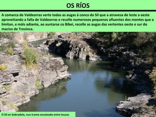 OS RÍOS
A comarca de Valdeorras verte todas as augas á conca do Sil que a atravesa de leste a oeste
aproveitando a falla de Valdeorras e recolle numerosos pequenos afluentes dos montes que a
limitan, e máis adiante, ao xuntarse co Bibei, recolle as augas das vertentes oeste e sur do
macizo de Trevinca.
O Sil en Sobradelo, nun tramo encaixado entre lousas
 