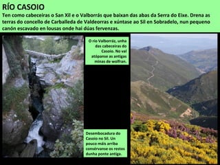 O río Valborráz, unha
das cabeceiras do
Casoio. No val
atópanse as antigas
minas de wolfran.
RÍO CASOIO
Ten como cabeceiras o San Xil e o Valborrás que baixan das abas da Serra do Eixe. Drena as
terras do concello de Carballeda de Valdeorras e xúntase ao Sil en Sobradelo, nun pequeno
canón escavado en lousas onde hai dúas fervenzas.
Desembocadura do
Casoio no Sil. Un
pouco máis arriba
consérvanse os restos
dunha ponte antiga.
 