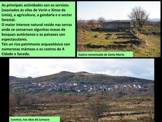 Castro romanizado de Santa Marta
As principais actividades son os servizos
(asociados ás vilas de Verín e Xinzo de
Limia), a agricultura, a gandaría e o sector
forestal.
O maior interese natural reside nas serras
onde se conservan algunhas masas de
bosques autóctonos e as paisaxes son
espectaculares.
Tén un rico patrimonio arqueolóxico con
numerosas mámoas e os castros de A
Cidade e Saceda.
Lucenza, nas abas do Larouco
 