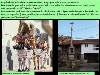 Cruceiro no remate dun pozo, en Laza
As principais actividades son os servizos, a agrogandaría e o sector forestal.
Tén áreas de gran valor ecolóxico e paisaxístico nos vales dos ríos e nas serras. Unha parte
está protexido no LIC “Macizo Central”.
Laza conserva un importante patrimonio histórico-artístico (igrexas de Retorta e San Xoán de
Laza), etnográfico (casas, muíños, festas tradicionais…). Destaca a celebración do Entroido coa
presenza dos “Peliqueiros”.
Peliqueiros no Entroido de Laza
 