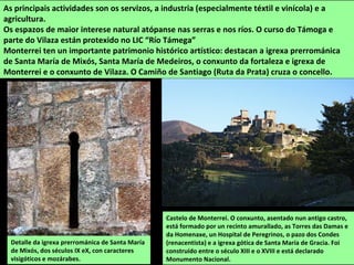 Detalle da igrexa prerrománica de Santa María
de Mixós, dos séculos IX eX, con caracteres
visigóticos e mozárabes.
As principais actividades son os servizos, a industria (especialmente téxtil e vinícola) e a
agricultura.
Os espazos de maior interese natural atópanse nas serras e nos ríos. O curso do Támoga e
parte do Vilaza están protexido no LIC “Río Támega”
Monterrei ten un importante patrimonio histórico artístico: destacan a igrexa prerrománica
de Santa María de Mixós, Santa María de Medeiros, o conxunto da fortaleza e igrexa de
Monterrei e o conxunto de Vilaza. O Camiño de Santiago (Ruta da Prata) cruza o concello.
Castelo de Monterrei. O conxunto, asentado nun antigo castro,
está formado por un recinto amurallado, as Torres das Damas e
da Homenaxe, un Hospital de Peregrinos, o pazo dos Condes
(renacentista) e a igrexa gótica de Santa María de Gracia. Foi
construído entre o século XIII e o XVIII e está declarado
Monumento Nacional.
 