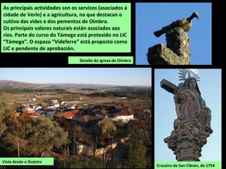 Vista desde o Outeiro
As principais actividades son os servizos (asociados á
cidade de Verín) e a agricultura, na que destacan o
cultivo das vides e dos pementos de Oímbra.
Os principais valores naturais están asociados aos
ríos. Parte do curso do Támega está protexido no LIC
“Támega”. O espazo “Videferre” está proposto como
LIC e pendente de aprobación.
Cruceiro de San Cibrán, de 1754
Detalle da igrexa de Oímbra
 