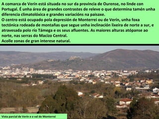 Vista parcial de Verín e o val de Monterrei
A comarca de Verín está situada no sur da provincia de Ourense, no linde con
Portugal. É unha área de grandes contrastes de releve o que determina tamén unha
diferencia climatolóxica e grandes variacións na paisaxe.
O centro está ocupado pola depresión de Monterrei ou de Verín, unha foxa
tectónica rodeada de montañas que segue unha inclinación lixeira de norte a sur, e
atravesada polo río Támega e os seus afluentes. As maiores alturas atópanse ao
norte, nas serras do Macizo Central.
Acolle zonas de gran interese natural.
 