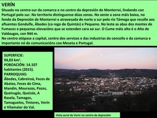 SUPERFICIE:
94,03 km2
.
POBOACIÓN: 14.107
habitantes (2015).
PARROQUIAS:
Ábedes, Cabreiroá, Feces de
Abaixo, Feces de Cima,
Mandin, Mourazos, Pazos,
Queirugás, Queizás, A
Rasela, Tamagos,
Tamaguelos, Tintores, Verín
e Vilamaior do Val.
Vista xeral de Verín no centro da depresión
VERÍN
Situado no centro-sur da comarca e no centro da depresión de Monterrei, lindando con
Portugal polo sur. No territorio distínguense dúas zonas. No oeste a zona máis baixa, no
fondo da Depresión de Monterrei e atravesada de norte a sur polo río Támega que recolle aos
afluentes Gondulfe, Ábedes (co rego de Quintás) e Pequeno. No leste as abas dos montes de
Fumaces e pequenas elevacións que se estenden cara ao sur. O Cume máis alto é o Alto de
Valdaugas, con 944 m.
No centro atópase a capital, centro dos servizos e das industrias do concello e da comarca e
importante nó de comunicacións coa Meseta e Portugal.
 