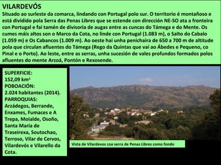 SUPERFICIE:
152,09 km2.
POBOACIÓN:
2.024 habitantes (2014).
PARROQUIAS:
Arzádegos, Berrande,
Enxames, Fumaces e A
Trepa, Moialde, Osoño,
Santa María de
Traseirexa, Soutochao,
Terroso, Vilar de Cervos,
Vilardevós e Vilarello da
Cota.
Vista de Vilardevos coa serra de Penas Libres como fondo
VILARDEVÓS
Situado ao surleste da comarca, lindando con Portugal polo sur. O territorio é montañoso e
está dividido pola Serra das Penas Libres que se estende con dirección NE-SO ata a fronteira
con Portugal e fai tamén de divisoria de augas entre as cuncas do Támega e do Mente. Os
cumes máis altos son o Marco da Cota, no linde con Portugal (1.083 m), o Salto do Cabalo
(1.059 m) e Os Cabancos (1.009 m). Ao oeste hai unha penichaira de 650 a 700 m de altitude
pola que circulan afluentes do Támega (Rego da Quintas que vai ao Ábedes e Pequeno, co
Pinal e o Porto). Ao leste, entre as serras, unha sucesión de vales profundos formados polos
afluentes do mente Arzoá, Pontón e Rexosende.
 