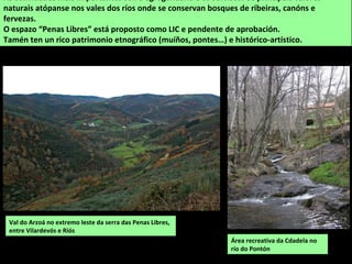 Val do Arzoá no extremo leste da serra das Penas Libres,
entre Vilardevós e Riós
As actividades máis importantes son a agrogandaría e os servizos. Os principais valores
naturais atópanse nos vales dos ríos onde se conservan bosques de ribeiras, canóns e
fervezas.
O espazo “Penas Libres” está proposto como LIC e pendente de aprobación.
Tamén ten un rico patrimonio etnográfico (muíños, pontes…) e histórico-artístico.
Área recreativa da Cdadela no
río do Pontón
 