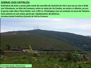 Pena Nofre desde o Alto do Foxo
SERRAS DOS ENTIRLOS
Esténdese de leste a oeste polo norte do concello de Castrelo de Val e cara ao sur ata o linde
con Vilardevós, no Alto de Fumaces, entre os vales do río Camba, ao norte e o Mente, ao sur.
O punto máis alto é Pena Nofre, con 1,291 m. Prolóngase cara ao surleste na serra da Teixeira.
Está cuberta na súa maior parte por repoboacións de piñeiros.
Accedese desde Fontefrías (Castrelo de Val) ou Fumaces.
 