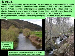 RÍO MENTE
Fórmase pola confluencia dos regos Caneira e Porto que baixan da serra dos Entirlos (concello
de Riós). Discorre facendo de linde natural entre os concellos de Riós e A Gudiña e despois de
Riós con Portugal e intérnase en terras portuguesas ata xuntarse co Rabaçal que vai ao Túa,
afluente do Douro. Drena as terras ao leste do Támega, desde Pena Nofre, serra do Canizo,
montes da Gudiña e a serra das Penas Libres ata a linde con Zamora e Portugal.
Recibe pola dereita o Serra Nova ou Arzoá e pola esquerda o Parada, Pontón, Rexosende e
Mouce.
Área recreativa da Cidadela (Vilardevós) no Río Pontón,
un afluente do Mente que se xunta a el en Portugal.
O Mente en Veiga
do Seixo, na
fronteira entre
Riós e Portugal.
 