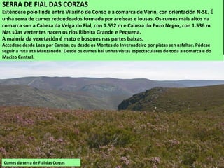 Cumes da serra de Fial das Corzas
SERRA DE FIAL DAS CORZAS
Esténdese polo linde entre Vilariño de Conso e a comarca de Verín, con orientación N-SE. É
unha serra de cumes redondeados formada por areíscas e lousas. Os cumes máis altos na
comarca son a Cabeza da Veiga do Fial, con 1.552 m e Cabeza do Pozo Negro, con 1.536 m
Nas súas vertentes nacen os ríos Ribeira Grande e Pequena.
A maioría da vexetación é mato e bosques nas partes baixas.
Accedese desde Laza por Camba, ou desde os Montes do Invernadeiro por pistas sen asfaltar. Pódese
seguir a ruta ata Manzaneda. Desde os cumes hai unhas vistas espectaculares de toda a comarca e do
Macizo Central.
 