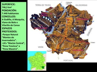 SUPERFICIE:
746,3 km2
POBOACIÓN:
6.153 habitantes
(2015)
CONCELLOS:
A Gudiña, A Mezquita,
Viana do Bolo e
Vilariño de Conso
ESPAZOS
PROTEXIDOS:
-Parque Natural
“Montes do
Invernadeiro”.
-LICs “Macizo Central”,
“Pena Trevinca” e
“Pena Maseira”.
 