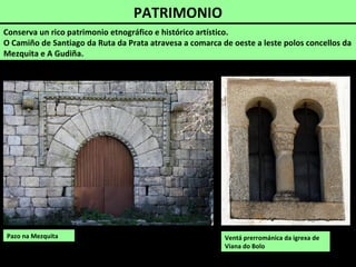 PATRIMONIO
Conserva un rico patrimonio etnográfico e histórico artístico.
O Camiño de Santiago da Ruta da Prata atravesa a comarca de oeste a leste polos concellos da
Mezquita e A Gudiña.
Pazo da casa de Láncara (pazo
dos Cardóniga) na Mezquita
Ventá prerrománica da igrexa de
Viana do Bolo
 