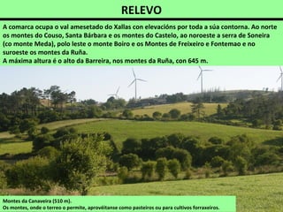 RELEVO
A comarca ocupa o val amesetado do Xallas con elevacións por toda a súa contorna. Ao norte
os montes do Couso, Santa Bárbara e os montes do Castelo, ao noroeste a serra de Soneira
(co monte Meda), polo leste o monte Boiro e os Montes de Freixeiro e Fontemao e no
suroeste os montes da Ruña.
A máxima altura é o alto da Barreira, nos montes da Ruña, con 645 m.
Montes da Canaveira (510 m).
Os montes, onde o terreo o permite, aprovéitanse como pasteiros ou para cultivos forraxeiros.
 
