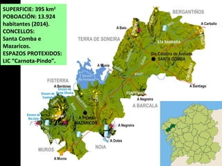 SUPERFICIE: 395 km2
POBOACIÓN: 13.924
habitantes (2014).
CONCELLOS:
Santa Comba e
Mazaricos.
ESPAZOS PROTEXIDOS:
LIC “Carnota-Pindo”.
 