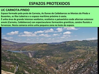 ESPAZOS PROTEXIDOS
LIC CARNOTA-PINDO
Espazo formado pola praia de Carnota, As Dunas de Caldebarcos os Montes do Pindo e
Buxantes, as Illas Lobeiras e o espazo marítimo próximo á costa.
É unha área de grande interese xeolóxico, ecolóxico e paisaxístico onde alternan extensos
areais (Carnota, Caldebarcos) con espectaculares formacións graníticas, canóns fluviais e
fervenzas. Nesta comarca entra unha pequena zona no leste do espazo.
 