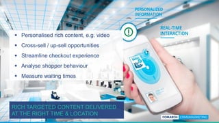 RICH TARGETED CONTENT DELIVERED
AT THE RIGHT TIME & LOCATION
 Personalised rich content, e.g. video
 Cross-sell / up-sell opportunities
 Streamline checkout experience
 Analyse shopper behaviour
 Measure waiting times
 