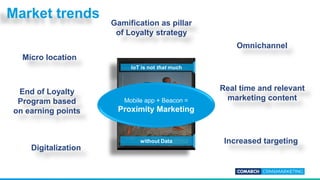 IoT is not that much
without Data
Market trends
Mobile app + Beacon =
Proximity Marketing
Omnichannel
Digitalization
Micro location
Real time and relevant
marketing content
Increased targeting
Gamification as pillar
of Loyalty strategy
End of Loyalty
Program based
on earning points
 