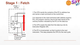 Stage 1 : Fetch
1.The CPU sends the contents of the PC to address bus
and sends a read command on the control bus
2.In response to the read command (with address equal to
PC), the program memory returns the data stored at the
memory location indicated by the PC on the data bus
3.The CPU copies the data from the data bus into its
Instruction Register (IR)
4.The PC is incremented, so that it points to the next
instruction. This step prepares the CPU for the next cycle.
 