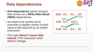 Data dependencies
▪ Anti-dependence (green arrows).
Also known as a Write-After-Read
(WAR) dependence
▪ we need to be careful not to
overwrite a register whose current
value is still required by an earlier
instruction.
▪ This type doesn’t cause data
hazard, if the execution order
doesn’t change
ADD R1, R1, R3
LDR R3, [R2]
SUB R2, R3, #1
Write
Read
Write
Read
 