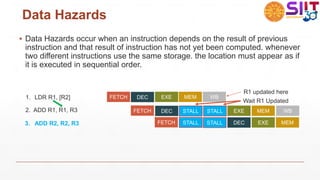 Data Hazards
▪ Data Hazards occur when an instruction depends on the result of previous
instruction and that result of instruction has not yet been computed. whenever
two different instructions use the same storage. the location must appear as if
it is executed in sequential order.
FETCH
FETCH EXE
DEC
DEC EXE MEM
MEM
WB
WB
1. LDR R1, [R2]
2. ADD R1, R1, R3
R1 updated here
STALL STALL
Wait R1 Updated
3. ADD R2, R2, R3 FETCH DEC
STALL EXE MEM
STALL
 