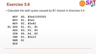 Exercise 5.6
▪ Calculate the stall cycles caused by B1 branch in Exercise 5.4
MOV R0, #0x41000000
MOV R1, #0x0
MOV R2, #0x82
B1 ADD R1, R1, #1
ADD R3, R3, R0
SUB R4, R4, R2
CMP R1, #0x10
BNE B1
NOP
 