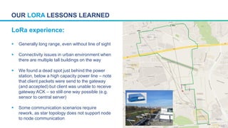 OUR LORA LESSONS LEARNED
LoRa experience:
 Generally long range, even without line of sight
 Connectivity issues in urba...