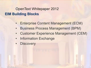 © PROJECT CONSULT Unternehmensberatung Dr. Ulrich Kampffmeyer GmbH 2011

/ Autorenrecht: <Vorname Nachname> Dez-13 / Quelle: PROJECT CONSULT 2

OpenText Whitepaper 2012
EIM Building Blocks
•
•
•
•
•

Enterprise Content Management (ECM)
Business Process Management (BPM)
Customer Experience Management (CEM)
Information Exchange
Discovery

Von DMS und ECM zu EIM – ein Monolog in 6 Aufzügen

Dr. Ulrich Kampffmeyer

Fachkongress ECM/DMS 2013

78

 