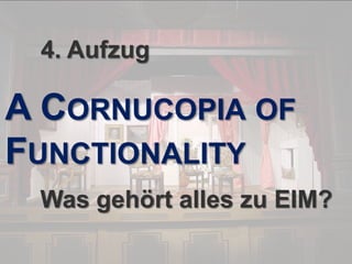 © PROJECT CONSULT Unternehmensberatung Dr. Ulrich Kampffmeyer GmbH 2011

/ Autorenrecht: <Vorname Nachname> Dez-13 / Quelle: PROJECT CONSULT 3

4. Aufzug

A CORNUCOPIA OF
FUNCTIONALITY
Was gehört alles zu EIM?
Von DMS und ECM zu EIM – ein Monolog in 6 Aufzügen

Dr. Ulrich Kampffmeyer

Fachkongress ECM/DMS 2013

86

 