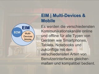 © PROJECT CONSULT Unternehmensberatung Dr. Ulrich Kampffmeyer GmbH 2011

/ Autorenrecht: <Vorname Nachname> Dez-13 / Quelle: PROJECT CONSULT 2

EIM | Multi-Devices &
Mobile
EIM
ECM

MultiDevices
Mobile

Von DMS und ECM zu EIM – ein Monolog in 6 Aufzügen

Es werden die verschiedensten
Kommunikationskanäle online
und offline für alle Typen von
Geräten wie Smartphones,
Tablets, Notebooks und
zukünftige mit den
verschiedensten Arten von
Benutzerinterfaces gleichermaßen und kompatibel bedient.
Dr. Ulrich Kampffmeyer

Fachkongress ECM/DMS 2013

94

 
