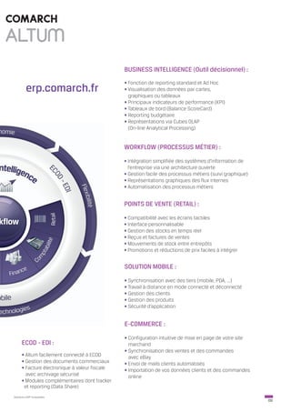 BUSINESS INTELLIGENCE (Outil décisionnel) :
                                                • Fonction de reporting standard et Ad Hoc
         erp.comarch.fr                         • Visualisation des données par cartes,
                                                  graphiques ou tableaux
                                                • Principaux indicateurs de performance (KPI)
                                                • Tableaux de bord (Balance ScoreCard)
                                                • Reporting budgétaire
                                                • Représentations via Cubes OLAP
                                                  (On-line Analytical Processing)


                                                WORKFLOW (PROCESSUS MÉTIER) :
                                                • Intégration simplifiée des systèmes d’information de
                                                  l’entreprise via une architecture ouverte
                                                • Gestion facile des processus métiers (suivi graphique)
                                                • Représentations graphiques des flux internes
                                                • Automatisation des processus métiers


                                                POINTS DE VENTE (RETAIL) :
                                                • Compatibilité avec les écrans tactiles
                                                • Interface personnalisable
                                                • Gestion des stocks en temps réel
                                                • Reçus et factures de ventes
                                                • Mouvements de stock entre entrepôts
                                                • Promotions et réductions de prix faciles à intégrer


                                                SOLUTION MOBILE :
                                                • Synchronisation avec des tiers (mobile, PDA, ...)
                                                • Travail à distance en mode connecté et déconnecté
                                                • Gestion des clients
                                                • Gestion des produits
                                                • Sécurité d’application


                                                E-COMMERCE :
                                                • Configuration intuitive de mise en page de votre site
      ECOD - EDI :                                marchand
                                                • Synchronisation des ventes et des commandes
      • Altum facilement connecté à ECOD          avec eBay
      • Gestion des documents commerciaux       • Envoi de mails clients automatisés
      • Facture électronique à valeur fiscale   • Importation de vos données clients et des commandes      	
        avec archivage sécurisé                   online
      • Modules complémentaires dont tracker
       et reporting (Data Share)
Solutions ERP Innovantes
                                                                                                               09
 