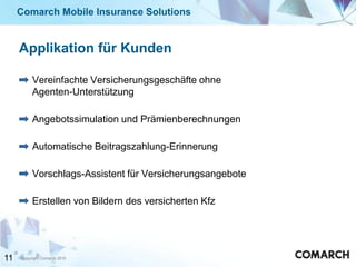 Comarch Mobile Insurance Solutions


     Applikation für Kunden

          Vereinfachte Versicherungsgeschäfte ohne
          Agenten-Unterstützung

          Angebotssimulation und Prämienberechnungen

          Automatische Beitragszahlung-Erinnerung

          Vorschlags-Assistent für Versicherungsangebote

          Erstellen von Bildern des versicherten Kfz




11   Copyright Comarch 2010
 