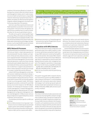 Solutions & Products < 25



condition of the services offered to a Customer. To
                                                             figure 3 Hierarchical list of VRfs and related Route Targets
facilitate this, Comarch offers the Comarch Service
Level Management module, which is able to evalu-
                                                             and Logical View of MPLS Network (VPNs) and its components
ate service health and performance using already
collected network fault and performance data. In
addition, the system can offer SLA monitoring which
integrates network management information with
the business objectives of the operator.
   Each SLA is specified using the performance and
health parameters accessible in the service moni-
toring system. In the SLA contract, the operator can
specify service reliability metrics, as well as thresh-
old values for the service performance metrics.
   The SLM can be used for monitoring MPLS layer
services (e.g. VPNs), as the module can be offered with
a set of predefined service templates for MPLS. How-
ever, the full functionality of the Comarch SLM can be    > Maintenance processes, e.g. Change Management         and therefore reduce costs with overall solution
shown when monitoring cross technology; cross layer         processes ensuring that changes within the net-       efficiency. The Comarch solution can be offered
services. In such a case the MPLS services can be part     work are performed properly.                           as a complete solution (all modules described pre-
of a complex service offered to the Customer.                                                                     viously) or just a particular module with specific
                                                          Integration with MPLS devices                           functionality requested by the operator.
MPLS Network Processes                                    The Comarch OSS Suite retrieves configuration and            Comarch OSS allows operators to control and ful-
The aforementioned functionalities of the Comarch         performance data from an MPLS network in order          fill the potential of the network while being able to
OSS Suite are helpful in day-to-day operations of         to monitor performance and perform health moni-         quickly react to the changing business environment.
the service provider’s business. However, such oper-      toring of MPLS devices & tunnels by finding MPLS        The solutions bring business value by optimizing
ations follow well described processes or proce-          VPNs tunnels and their LSPs inside an MPLS network.     network usage and human operations, and there-
dures implemented within the operator’s business.         This is done with the help of the Comarch Mediation     fore directly decreasing operational costs. <
Comarch OSS Process Management can ensure that            layer, which is responsible for communication with
tasks and operations, in particular those involving       Network Elements and/or other management sys-
several participants (people, departments, etc.), are     tems. The integration may be done in several ways:
automated and follow a previously specified pro-          > Directly from NE mainly using SNMP and follow-
cess. Furthermore, it supports task automation in           ing MIBs: MPLS-LSR-MIB, MPLS-LDP-MIB, MPLS-TE-
order to reduce operation time and costs through            MIB, MPLS-VPN-MIB and RFC 1213 MIB
an increase in overall OSS solution efficiency.           > With the use of another external system (via e.g.
   Comarch OSS Process Management utilizes pow-             XML files)
erful process modeling functionality to design a
robust framework of highly customizable generic           The system may gather MPLS network informa-
processes based on industry best practices. The pro-      tion from external systems e.g. EMSes/ NEMSes in
cesses within Comarch OSS can be quickly adapted          order to keep all information in a central database
in order to suit the operator’s needs. OSS Process        together with information about other network
Management provides a combined ITIL and eTOM              technologies. Such interfacing may be made with
process environment based on the TMF GB921V               the help of both well standardized interfaces, e.g.
standard. The following ITIL Processes included:          MTNM, mTOP, OSS/J, CORBA, CMIP, and also via pro-
Incident Management, Problem Management,                  prietary interfaces.
Change Management, Approval (as part of Change
Management), Configuration Management, Ser-               Conclusions
vice Level Management. eTOM processes: Service/           The Comarch OSS Suite provides several tools and
Resource Operations Support & Readiness, Service          mechanisms facilitating MPLS network manage-
                                                                                                                                 Paweł Wiatr
Fulfillment, Service Assurance.                           ment at different levels, starting from simple alarms
   The exemplary processes specific for MPLS are          gathered from the MPLS network, by complex mon-                       Comarch SA
                                                                                                                                Position: OSS Solution Manager
as follows:                                               itoring of MPLS Services offered to the Providers’
                                                                                                                                Department: Telecommunications
> Service Desk processes ensuring proper main-            Customers, up to operational process control. With
                                                                                                                                Business Unit
  tenance of service related requests (automated          the ability to integrate with NEs and other external                  Info: Responsible for developing OSS
  support system with workflow management)                systems, the Comarch OSS Suite can play a key role                    solutions for Comarch customers.
> Service Provisioning orchestration allowing auto-       within the operator’s environment and significantly
  mation of MPLS service creation within MPLS             reduce the time and effort required for operations

                                                                                                                                                           nr 2/2008 (08)
 