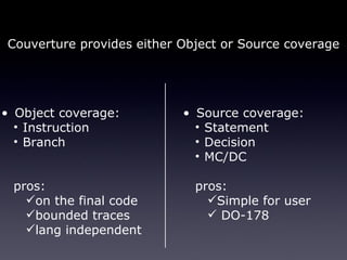 <ul><li>Couverture provides either Object or Source coverage </li></ul><ul><li>Source coverage: </li></ul><ul><ul><li>Stat...