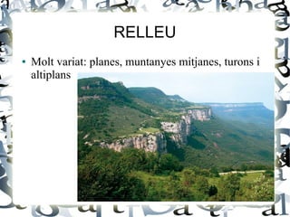 RELLEU
●   Molt variat: planes, muntanyes mitjanes, turons i
    altiplans
 